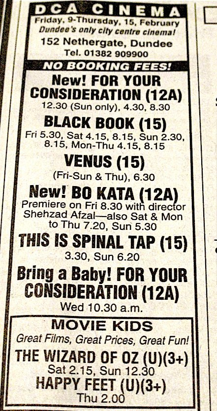 A newspaper listing from The Courier (February 9, 2007) of Dundee DCA Cinema film premiere of Bo Kata directed by filmmaker Shehzad Afzal from Dundee Scotland