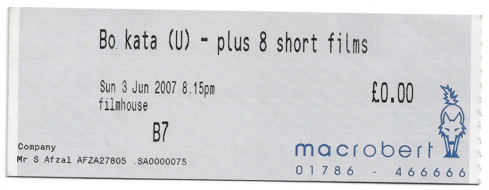 Bo Kata - MacRobert Cinema 2007 Theatrical screening with filmmaker Shehzad Afzal ticket stub.