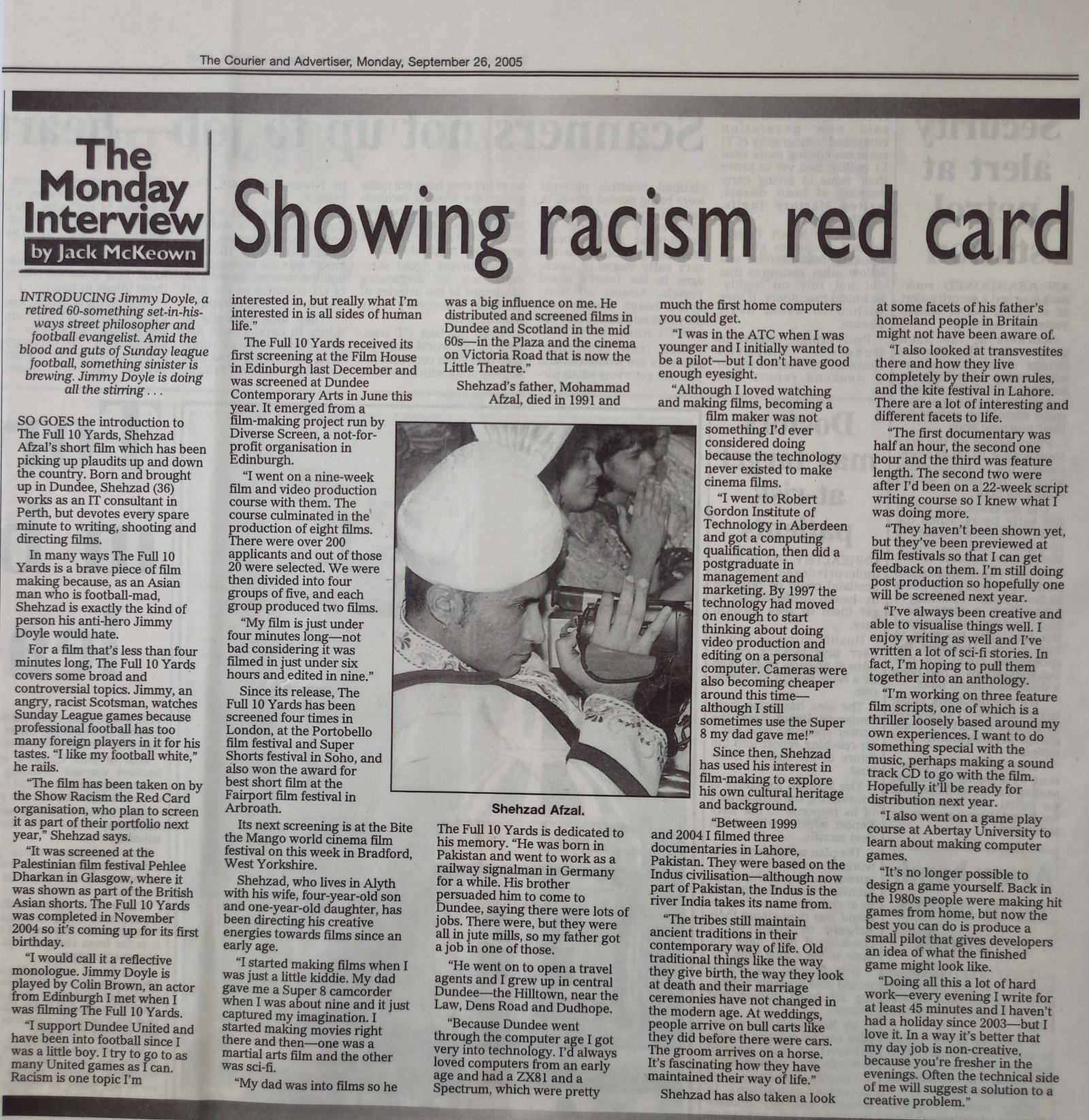 Showing Racism Red Card and the The Full 10 Yards The Courier 2005 News Article highlighting filmmaker Shehzad Afzal
