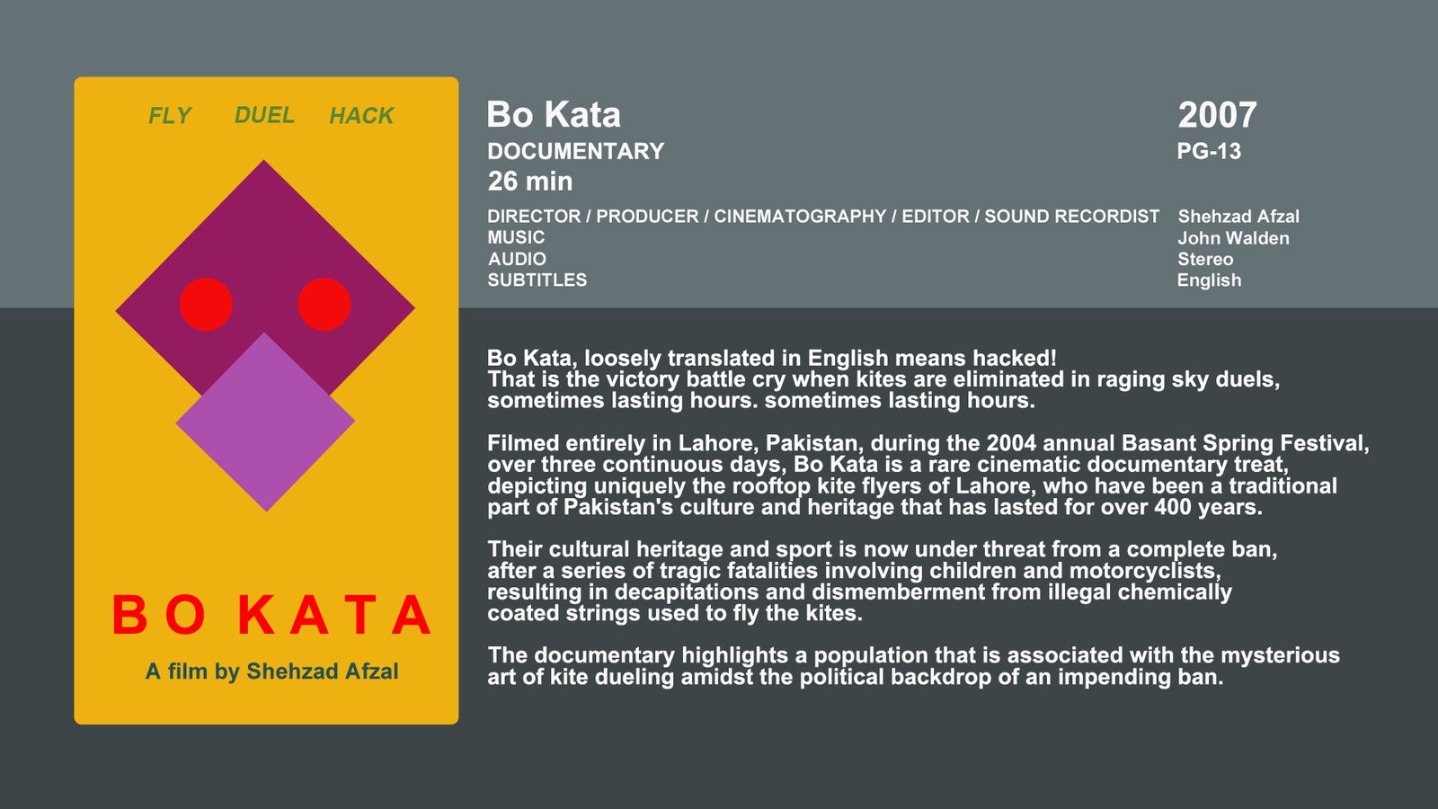 Still from the highly acclaimed theatrically released documentary film called Bo Kata (2007) by Scottish filmmaker Shehzad Afzal from Dundee Scotland. Filmed in 2004, it is the last cinematic memory of the Basant festival in Lahore, before it was banned by the Pakistani Government in 2005, erasing a cultural practice that existed for over 400 years. Scottish filmmaker Douglas Mackinnon described the film as quote - A beautifully made film about a world of kites and conflict, with marvelously atmospheric music - unquote.